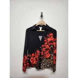 Cache Women's Black Red Roses & Leopard Print Long Sleeve Blouse/Shirt, Size Sm